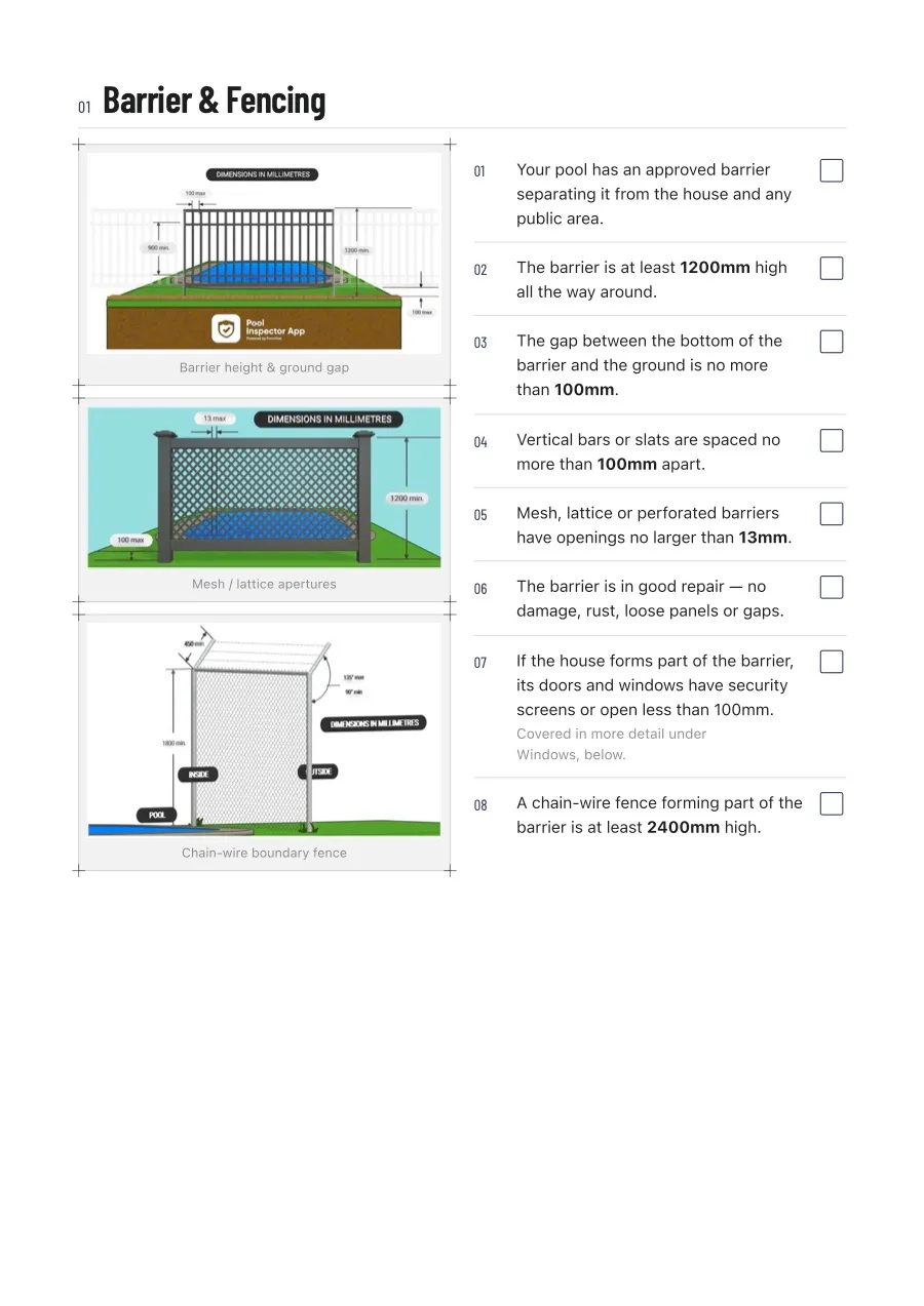 Pool safety checklist page: barriers and fencing