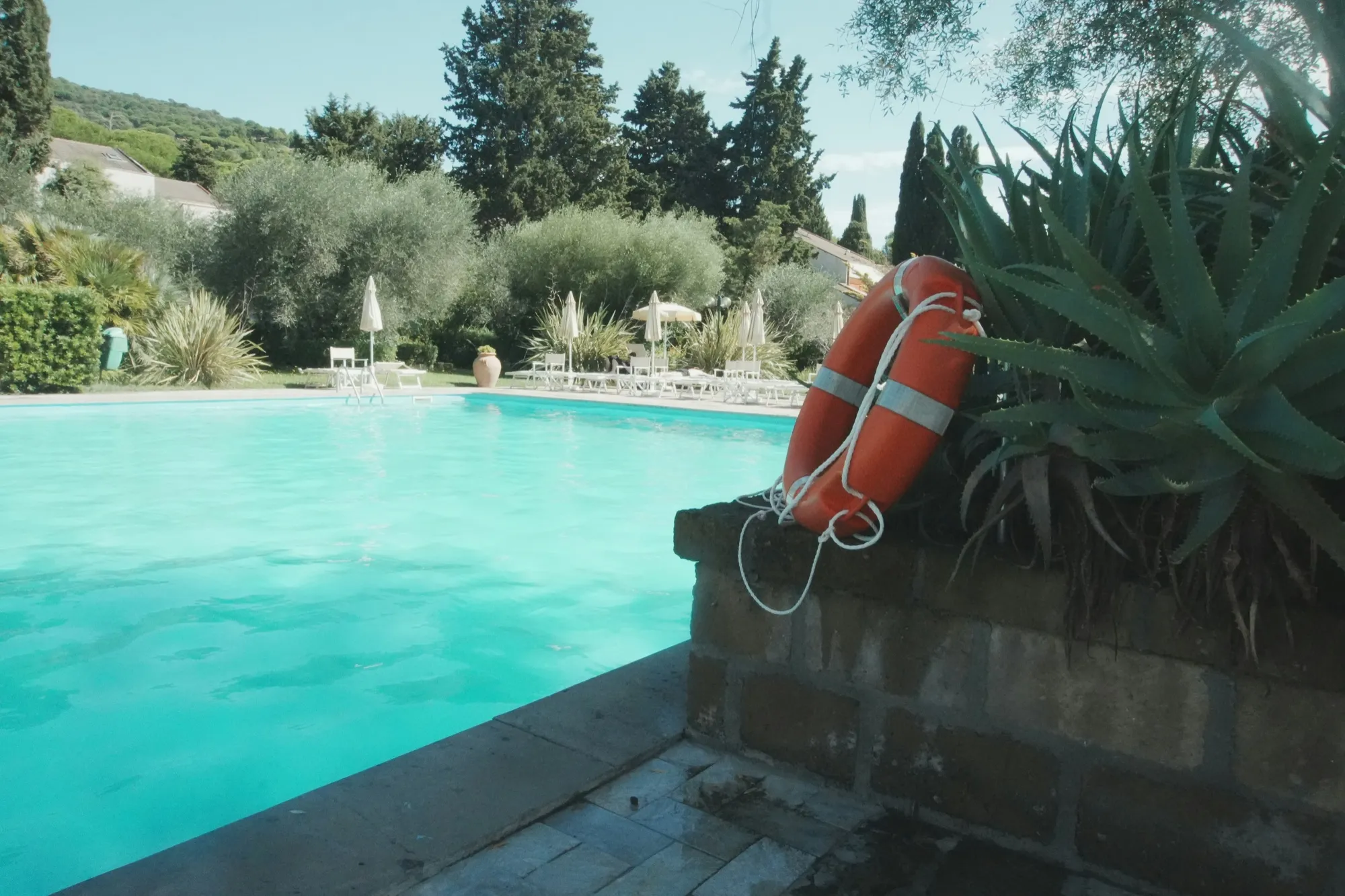 Life ring beside a sunny garden swimming pool